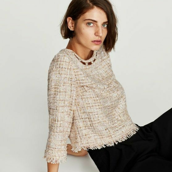 πSOLD πZara Tweed Top with Faux Pearl Details - Picture 2 of 12